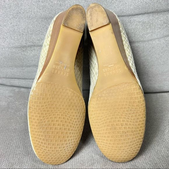 STUART WEITZMAN Size 7.5 Leather Snakeskin Light Green Wedge Wood Heel - Picture 5 of 11